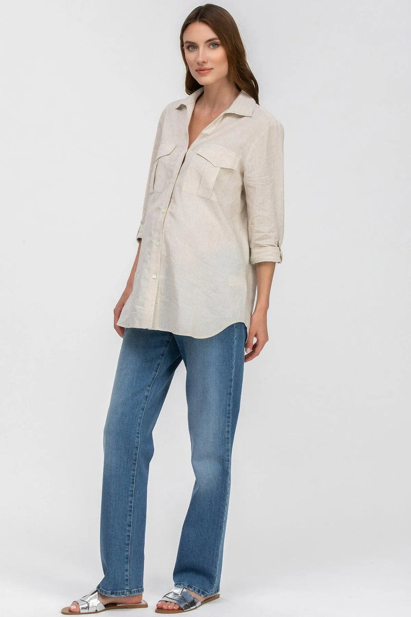 SAFARI POCKET | Camicia Utility Premaman in Lino Beige