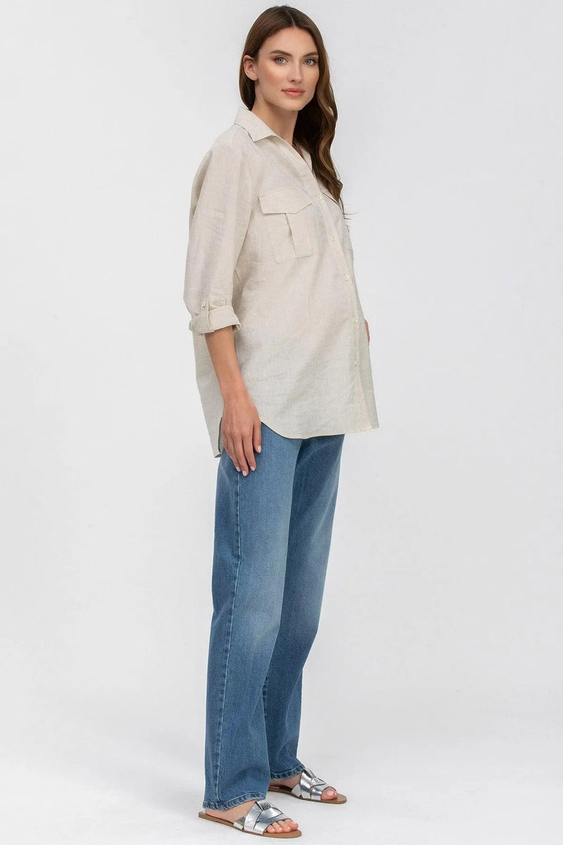 SAFARI POCKET | Beige Linen Utility Maternity Shirt