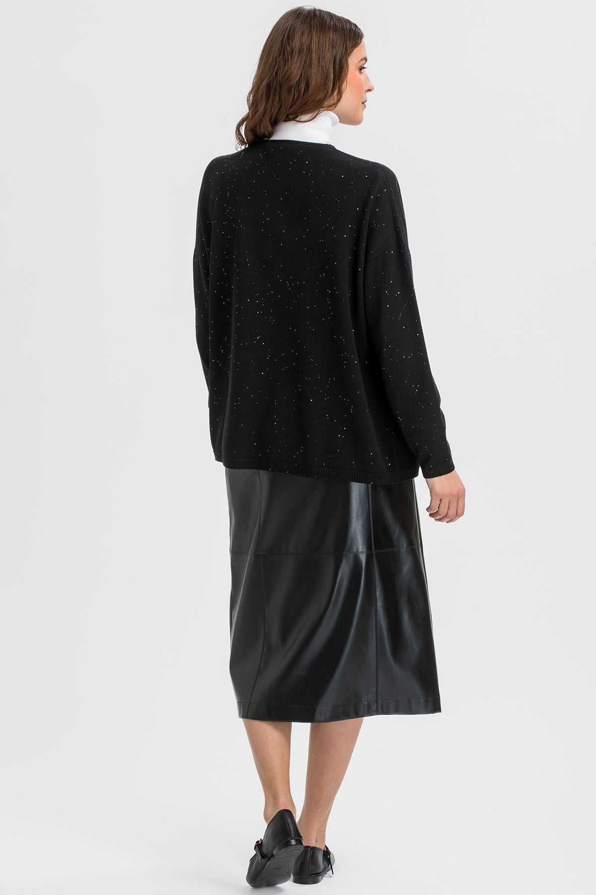Black sequin maternity knit cardigan.  
