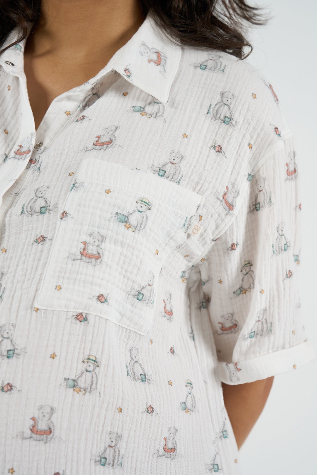 Camicia premaman in cotone bianco con stampa orsetti, abbigliamento premaman elegante