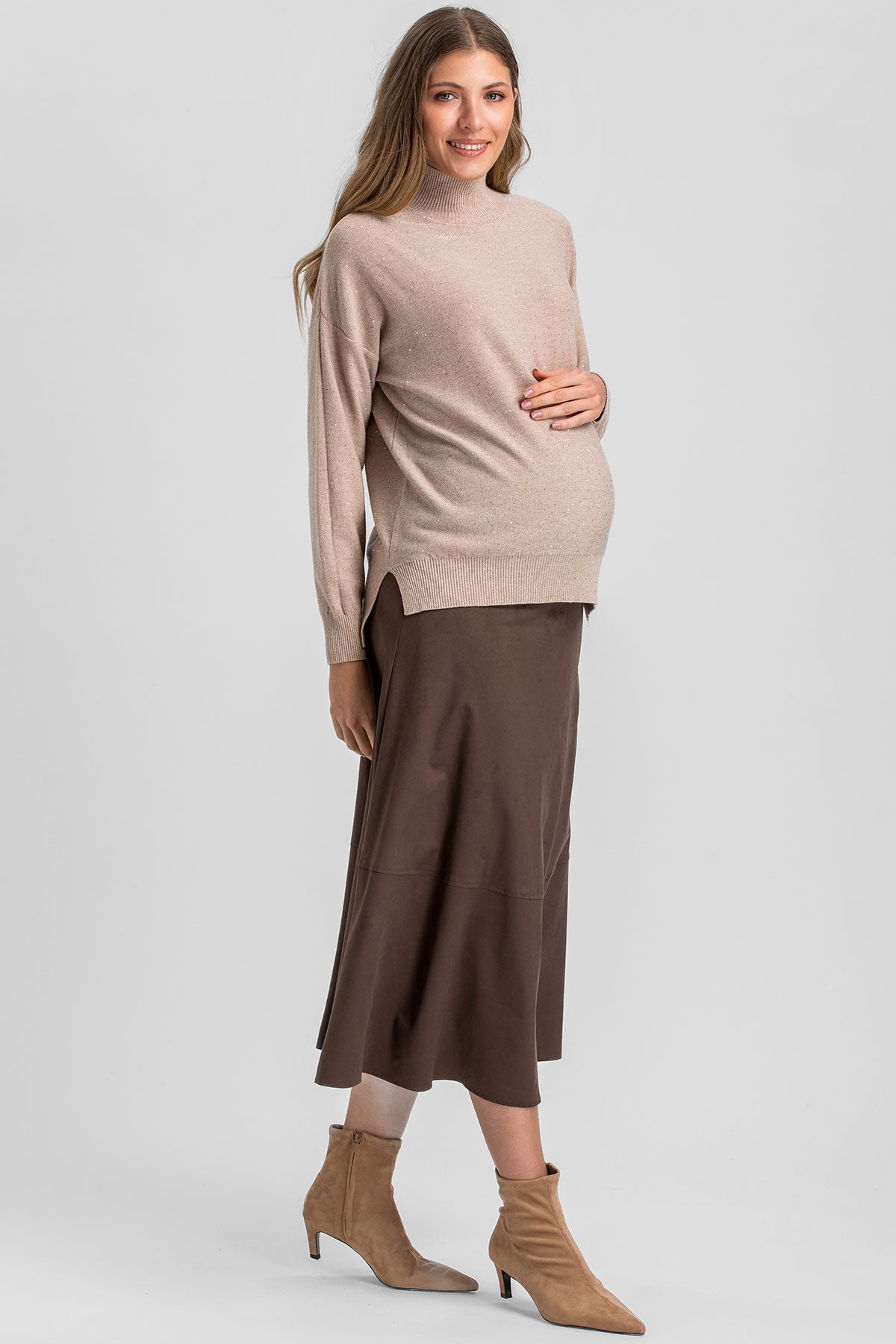Gonna Premaman Marrone Midi con Effetto Scamosciato