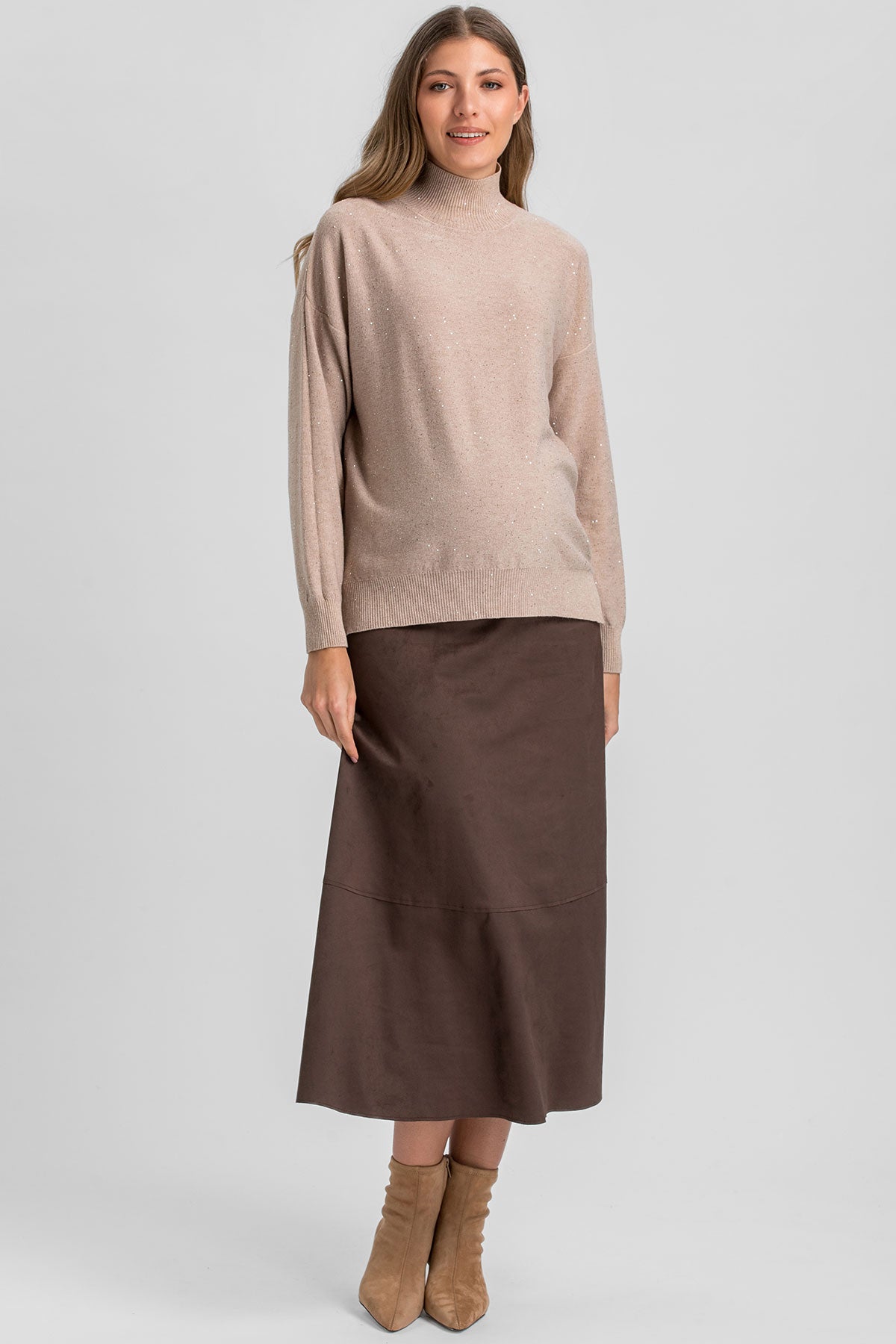 MAX | Brown Suede-Effect Maternity Midi Skirt