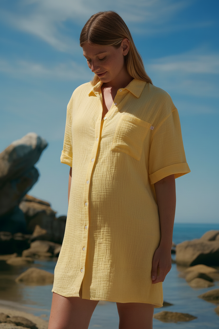 Donna incinta con abito premaman giallo in tessuto leggero su spiaggia, moda estiva