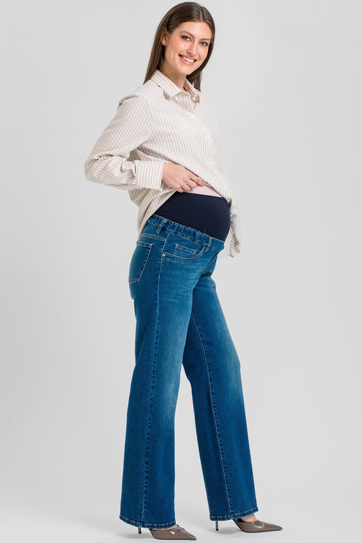 Jeans premaman a gamba larga con fascia elastica