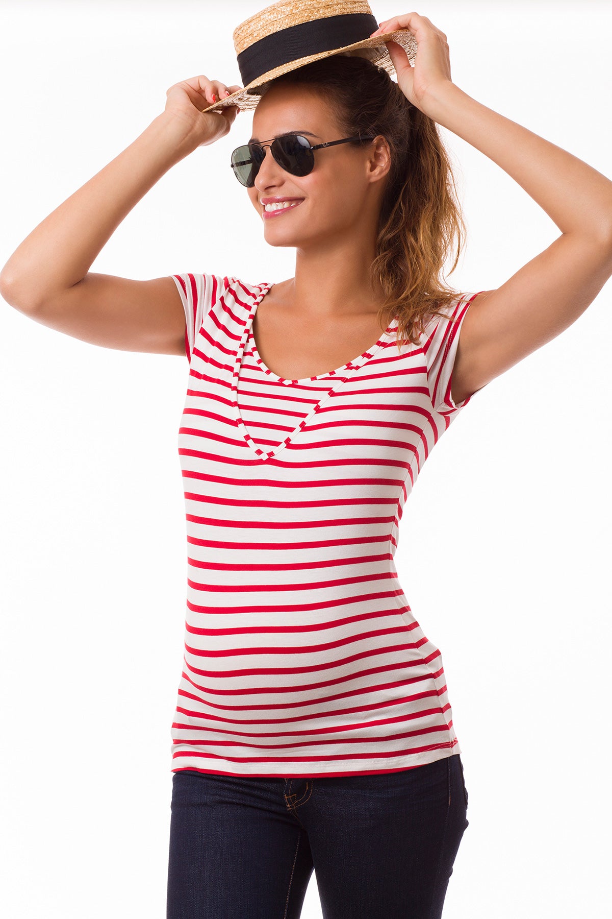 LISE | Top Premaman e Allattamento a Righe Rosse con Maniche Corte