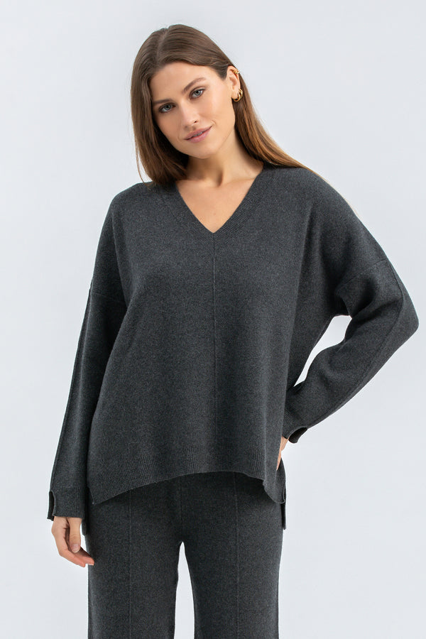 COURMAYEUR | Maglia Grigia con Scollo a V in Lana e Cashmere
