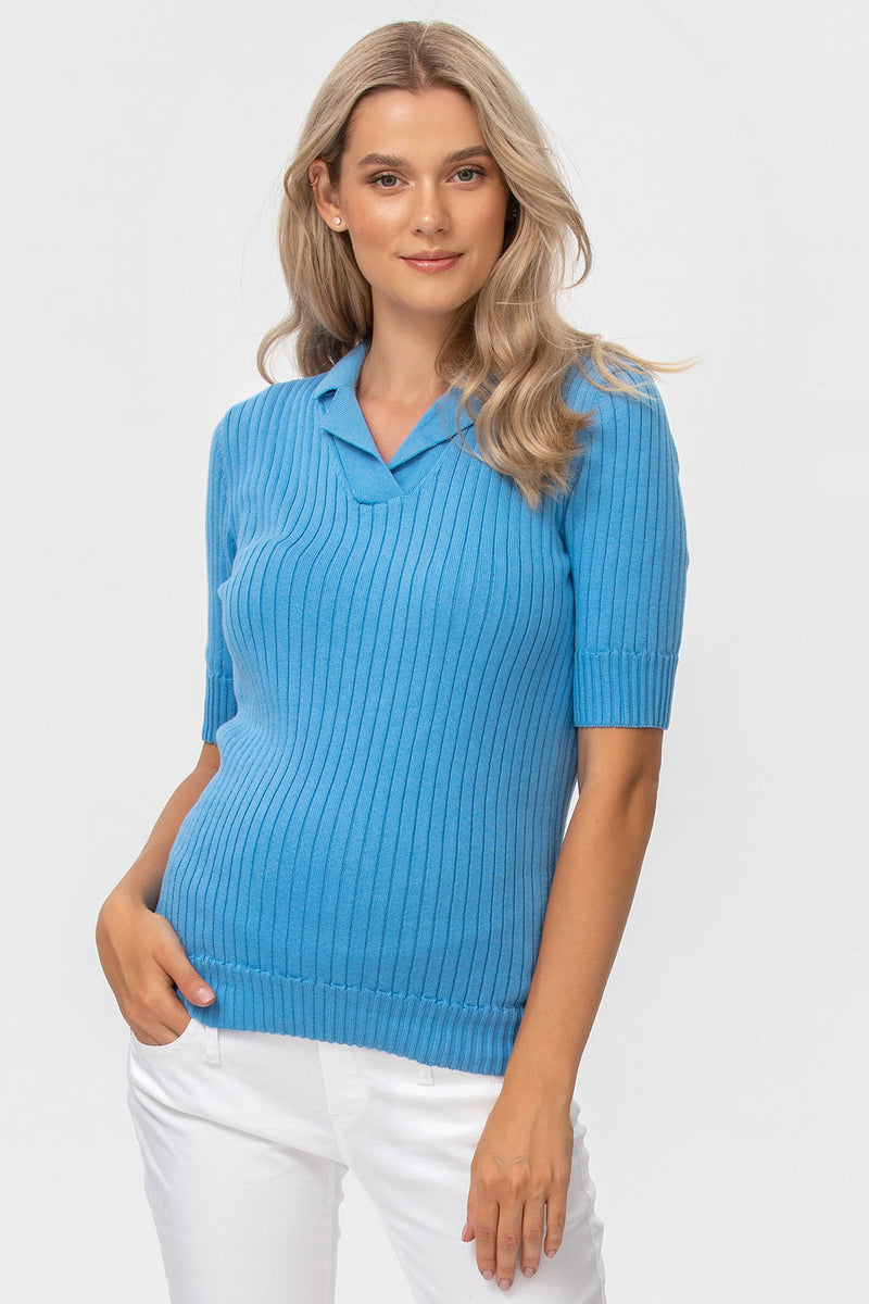 CHRISTINE | Blue Ribbed Maternity Top with Collar