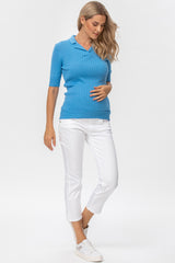 CHRISTINE | Blue Ribbed Maternity Top with Collar