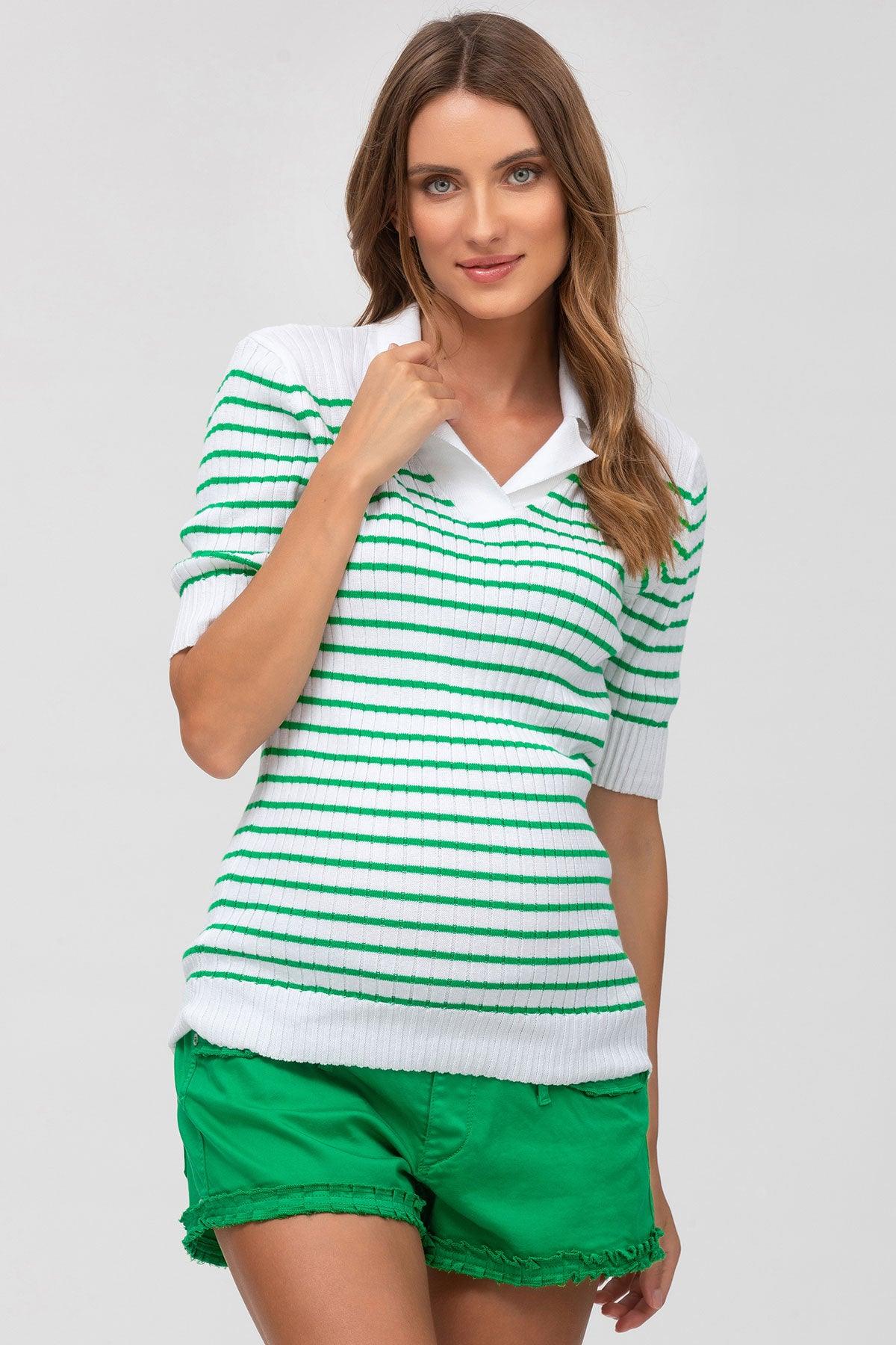 CHRISTINE | White and Green Striped Maternity Top with Collar