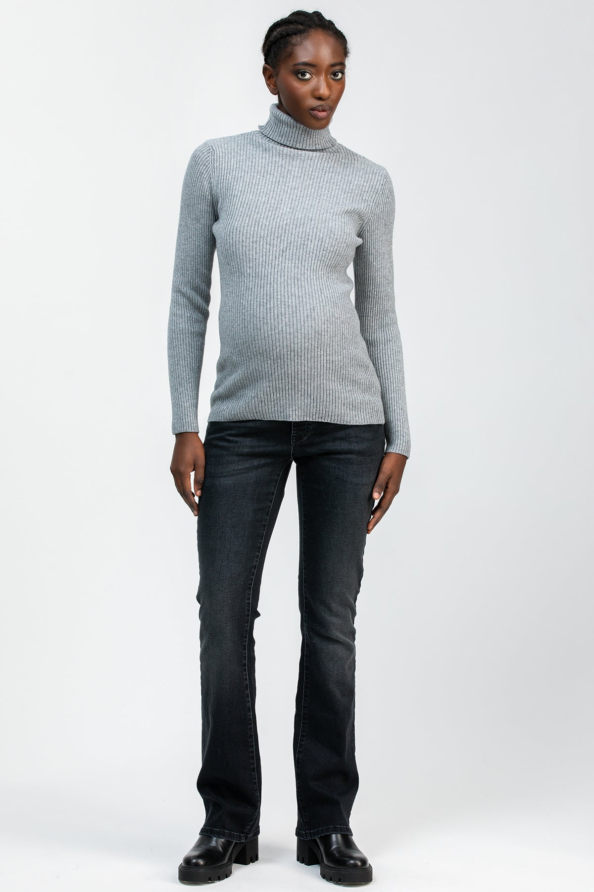 Grey ribbed maternity jumper with high neck.