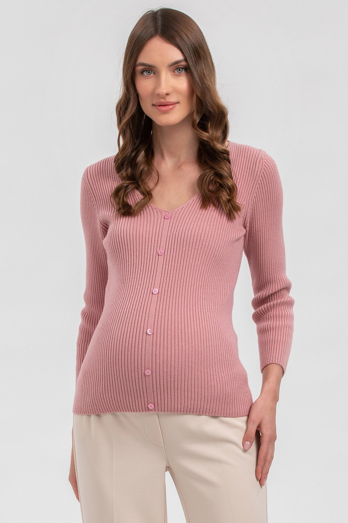 Pink maternity sweater with buttons