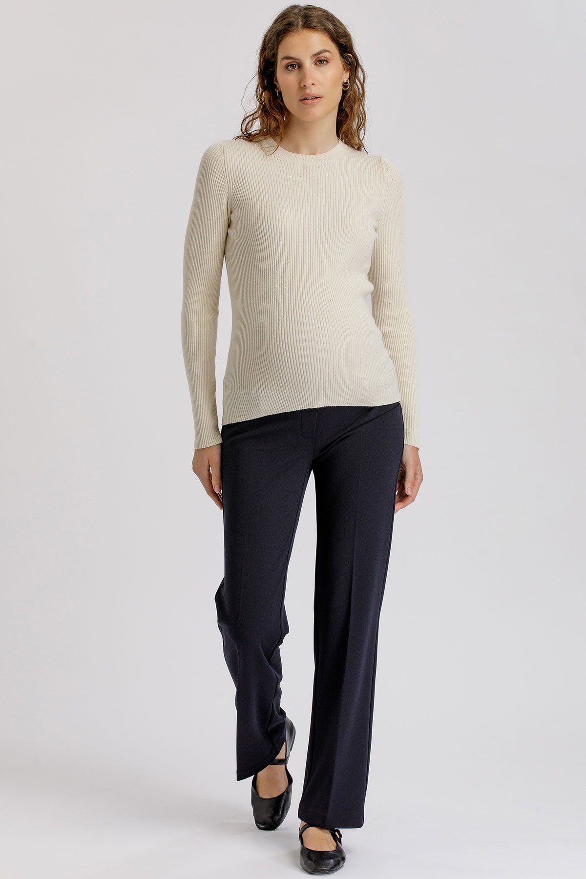 ODETTE | Maglia Premaman Crema a Costine con Paillettes