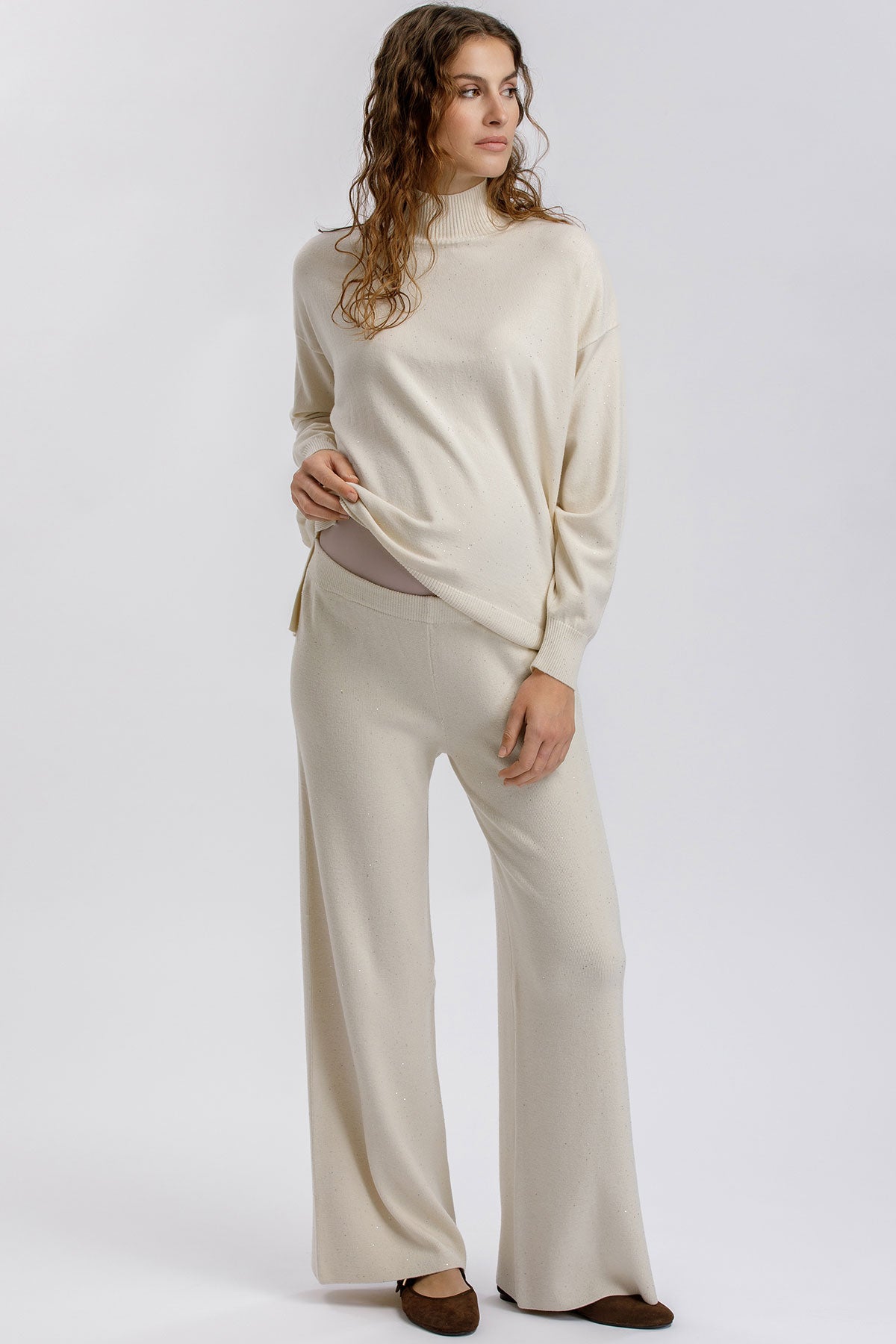 AURA | Pantaloni Premaman Crema a Gamba Larga con micro paillettes