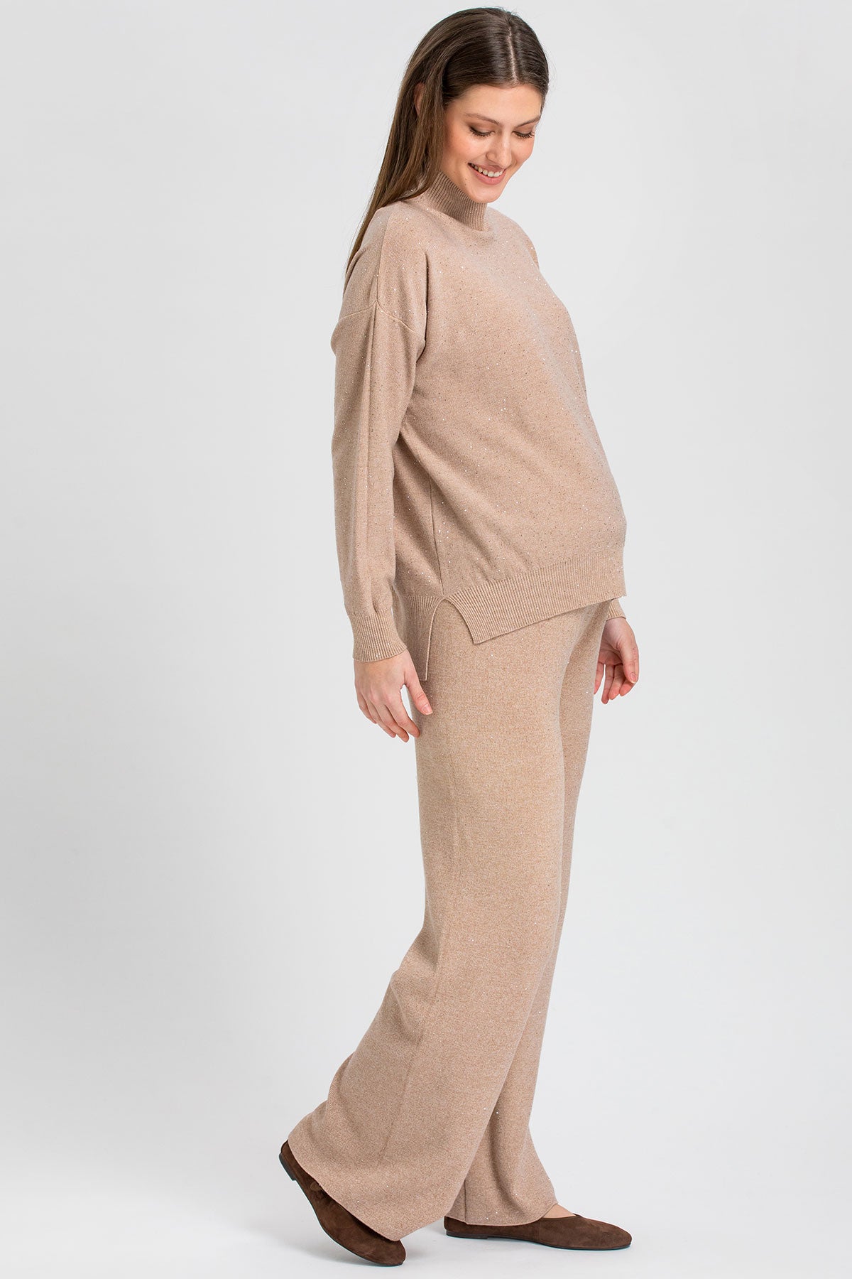 Pantaloni Premaman Beige a Gamba Larga con Dettagli Luminosi
