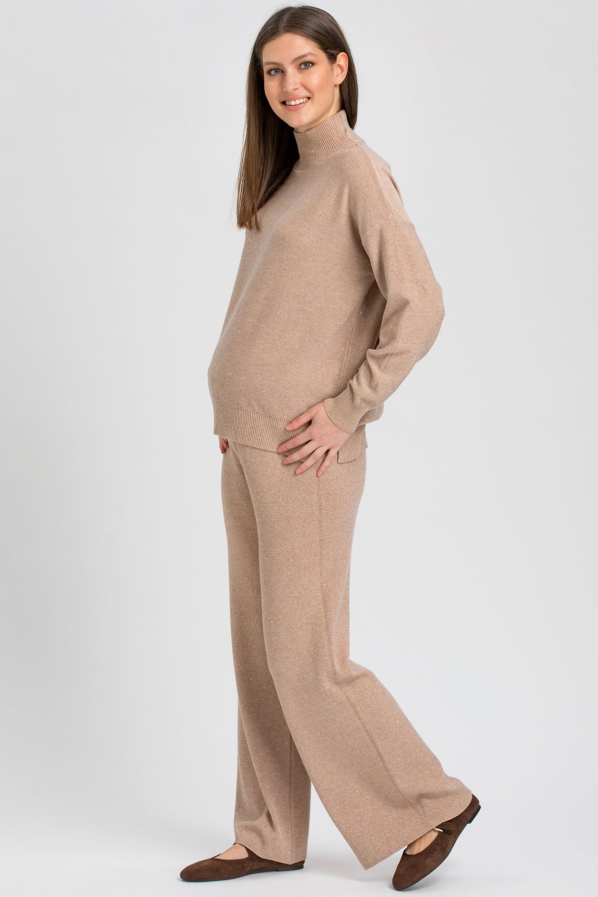 Maglia Premaman Beige con Dettagli Luminosi