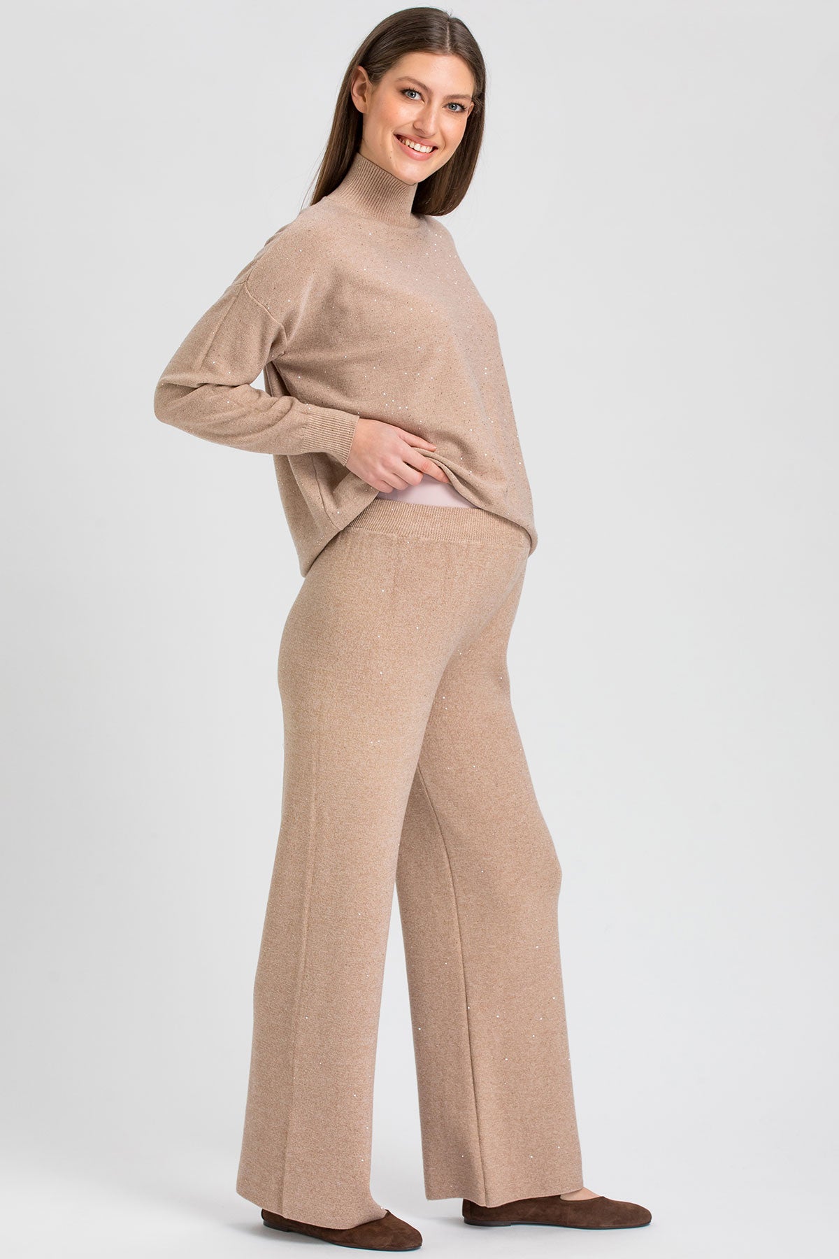 Pantaloni Premaman Beige a Gamba Larga con Dettagli Luminosi
