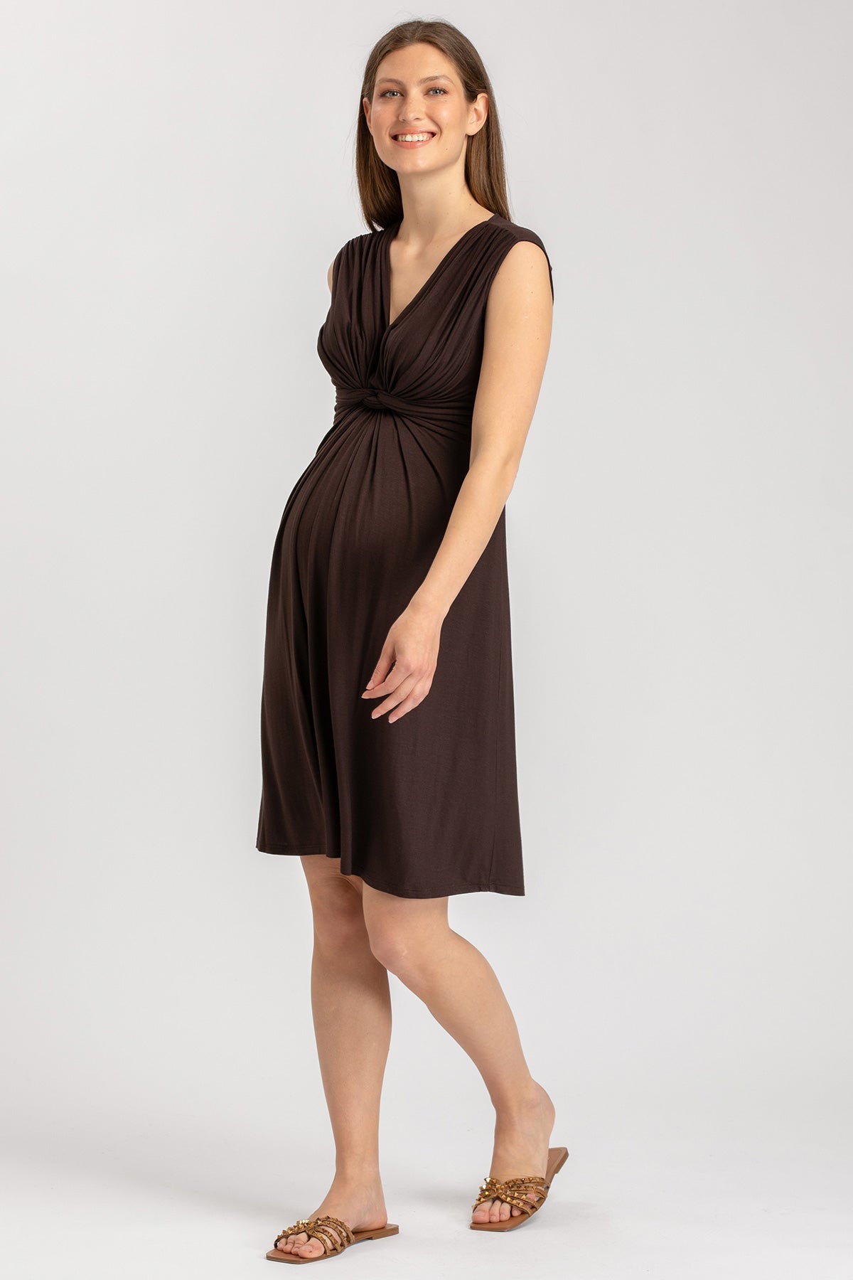 Abito premaman marrone senza maniche, elegante e comodo, ideale per gravidanza
