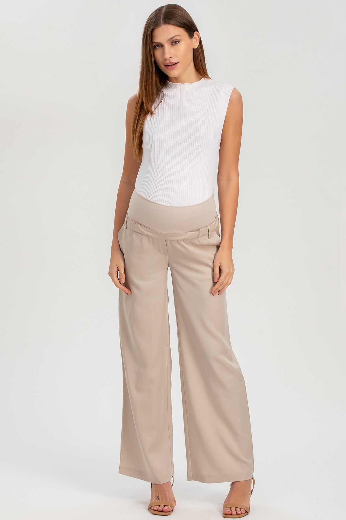 Pantaloni Premaman a Gamba Larga Beige
