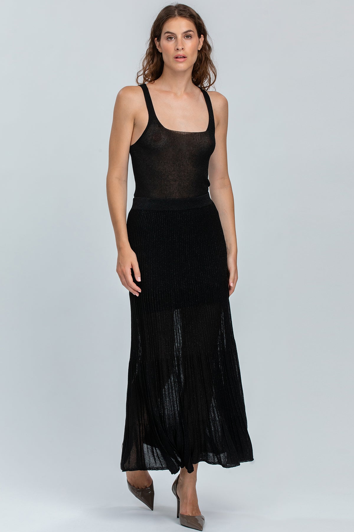 SANTORINI | Top Nero Glitterato con Scollo Squadrato