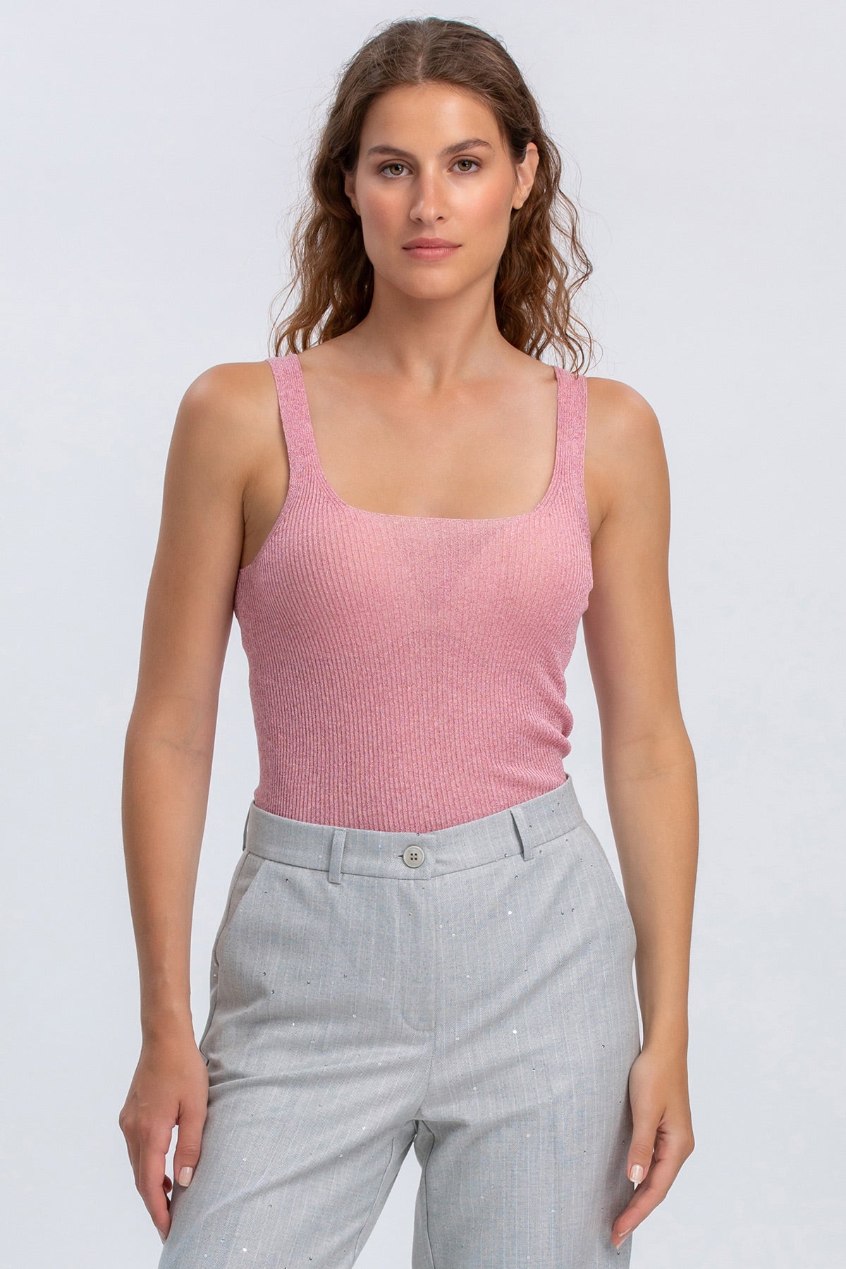 SANTORINI | Top Rosa Glitterato con Scollo Squadrato