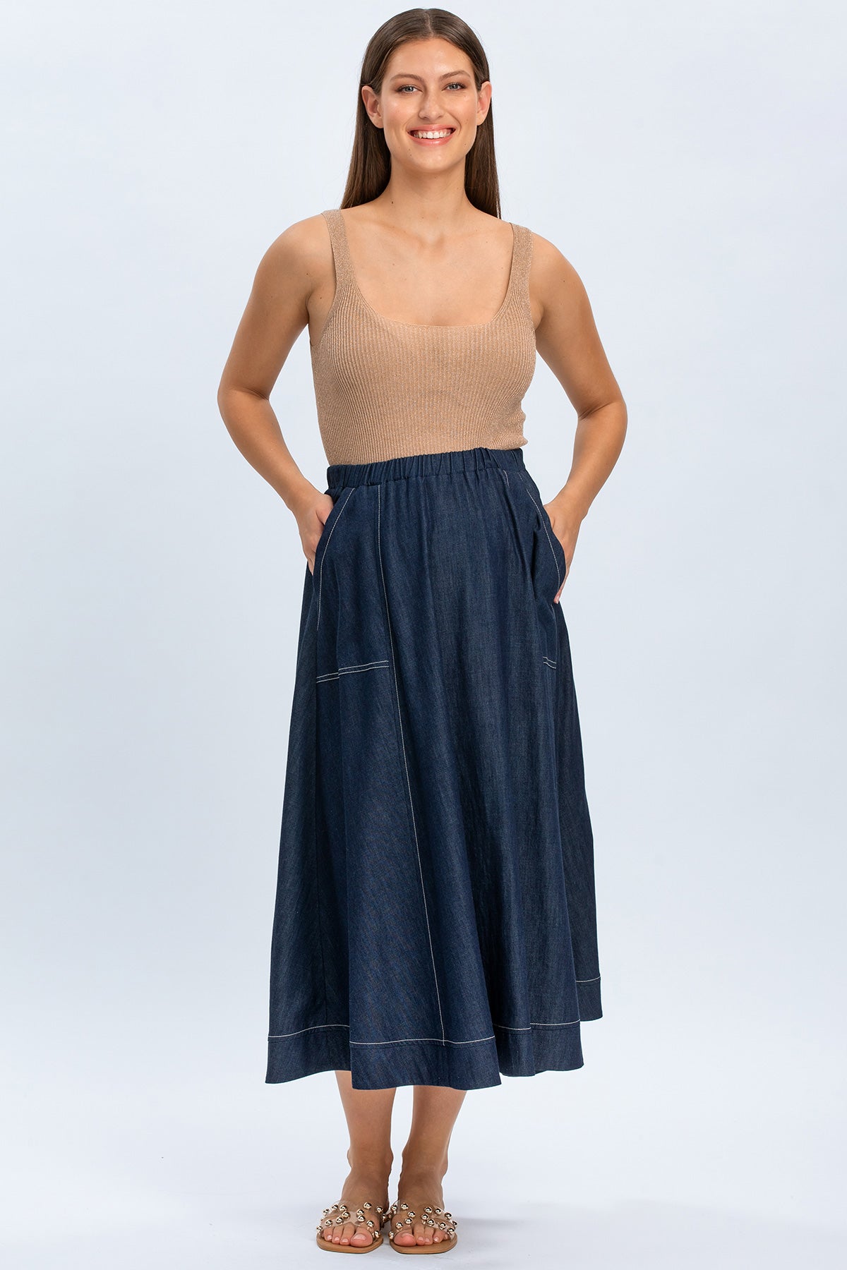 Gonna lunga premaman in denim blu con elastico in vita, abbigliamento premaman elegante