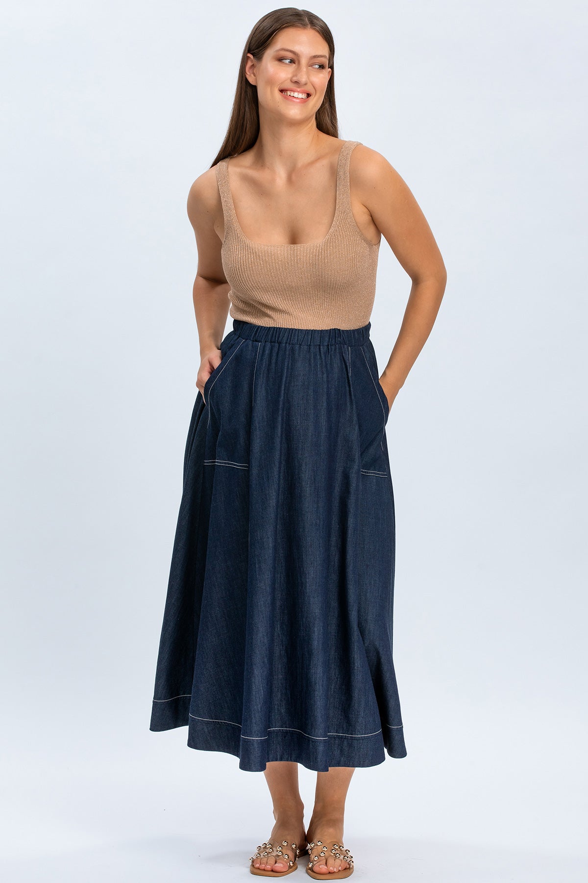 ORTHENSIA | Gonna Premaman Midi con Tasche Blu Denim