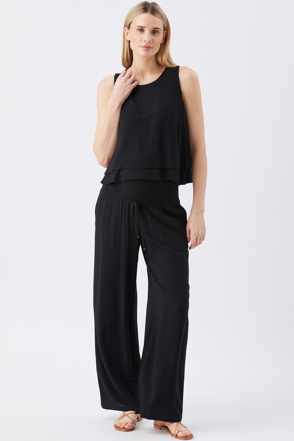 MARLOW | Pantaloni Premaman a Gamba Larga in Lino Nero