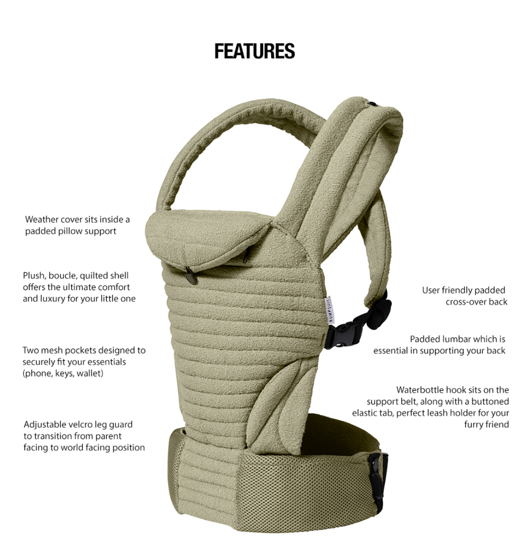 Marsupio premaman imbottito beige, con spallacci ergonomici e tasche, ideale per abbigliamento premaman.