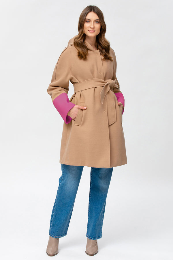 DIVINA | Beige Maternity Coat with Pink Cuffs