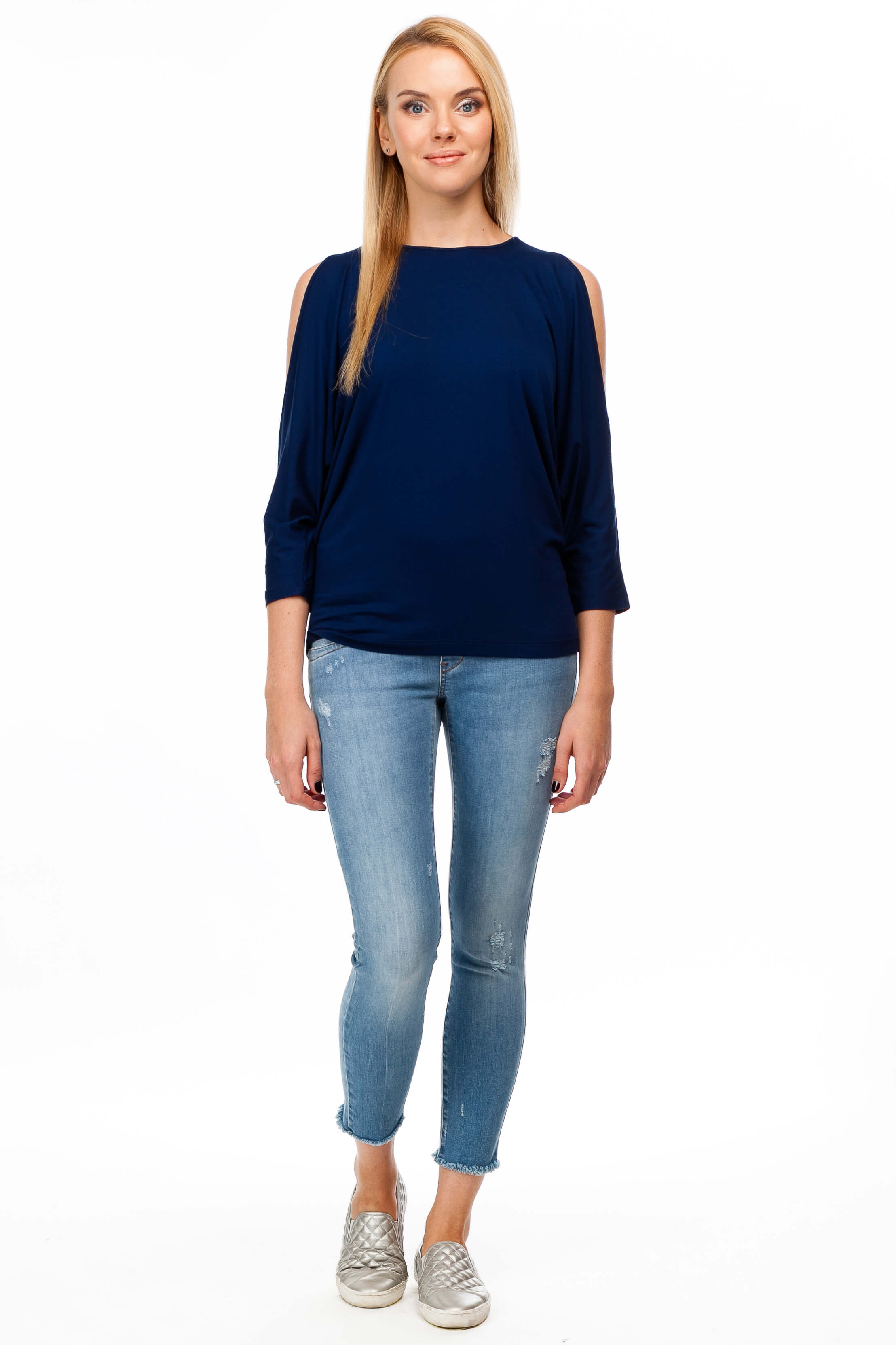 Jeggins Premaman in denim stretch con orlo sfrangiato e lavaggio "stone"