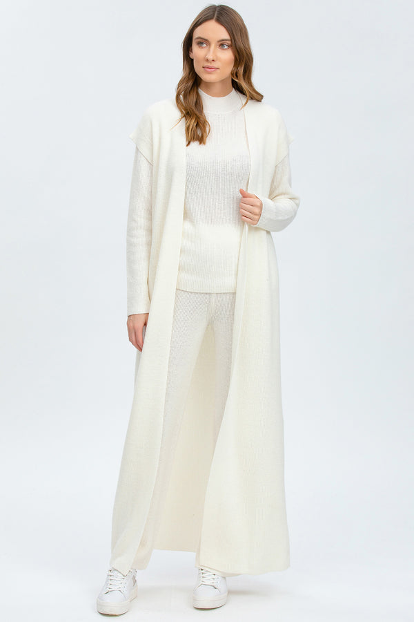 ASPEN | White Ribbed Cardigan in Wool and Cashmere