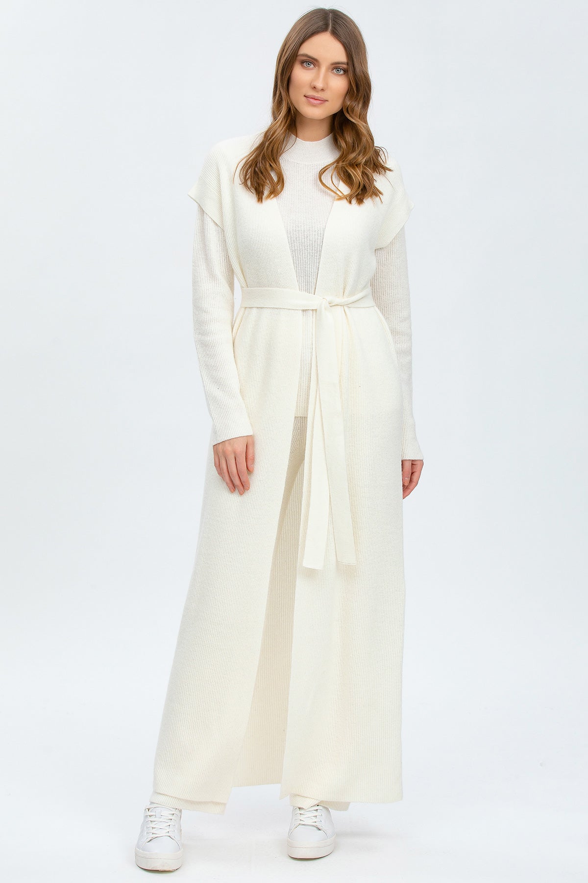 Cardigan Bianco a Costine in Lana e Cashmere