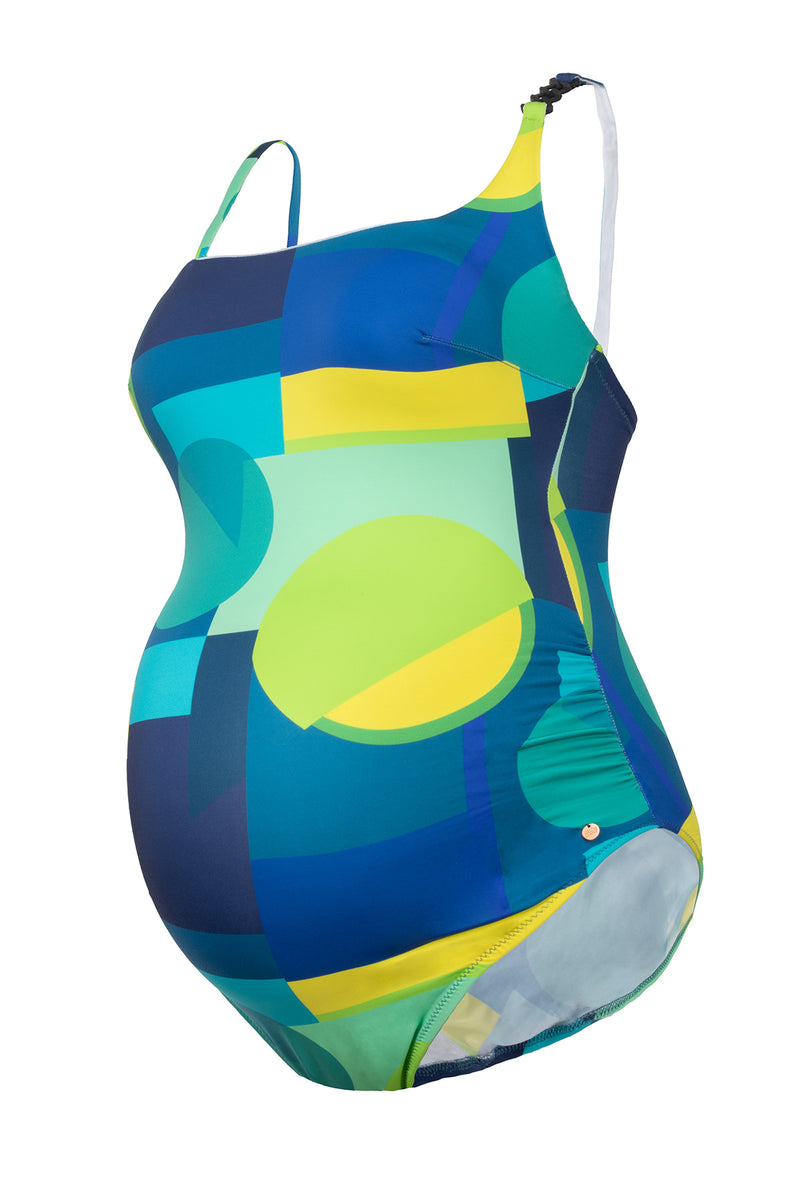 POP | Maternity Swimsuit with Blue Geometric Pattern